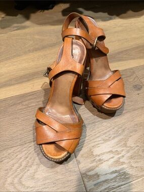 Chloe Cognac Leather Strappy Platform Heels